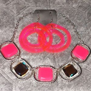 Neon Pink 80s Necklace & Earrings Set